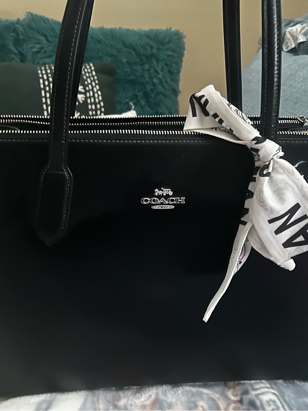 Coach Black Leather Tote with White Scarf Accent